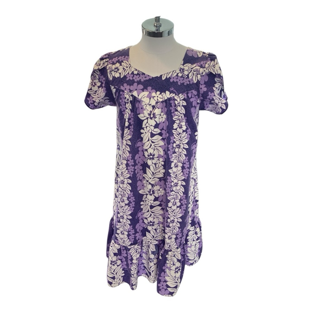 Vtg Kalena Fashions Hawaii Muumuu Dress L Purple Hibiscus Tulip Sleeve Pocket